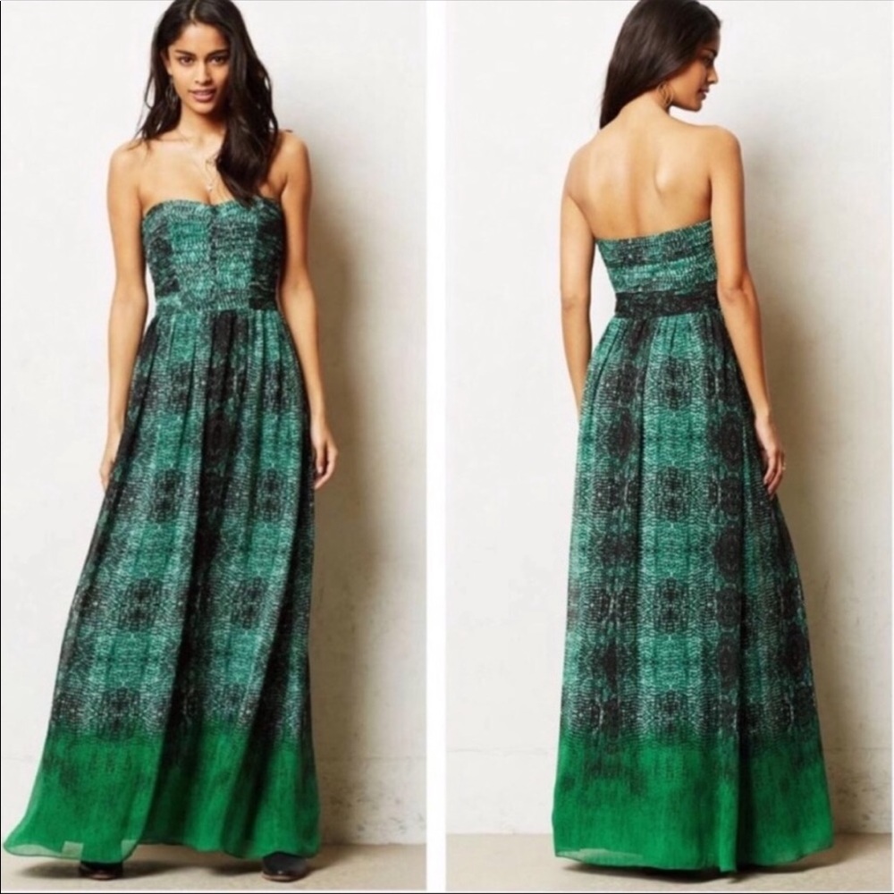 Anthropologie Green Strapless Maxi Dress